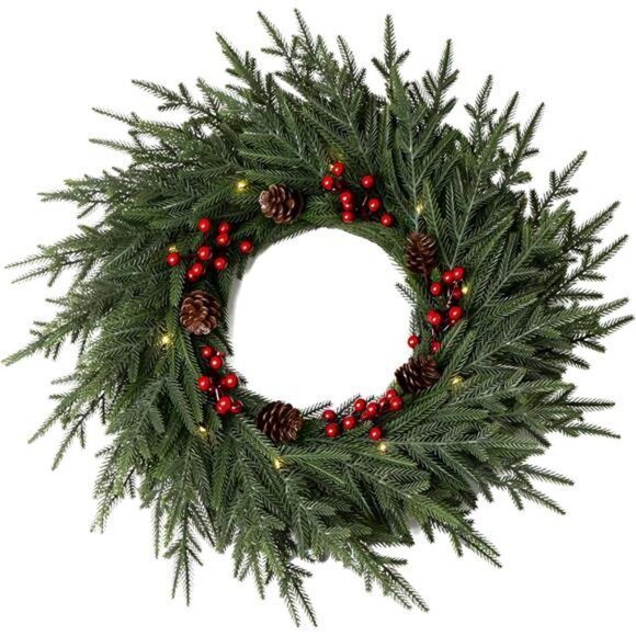 24" Pre-Lit Artificial Christmas Wreath -Battery Operated - Christmas - Picture 1 of 7